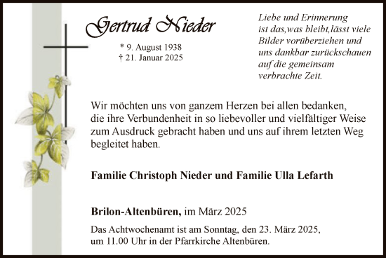 Todesanzeige von Nieder, Gertrud von WA