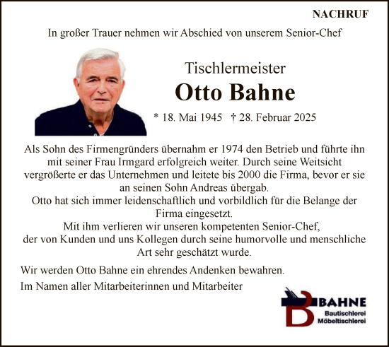 Todesanzeige von Otto Bahne von WA