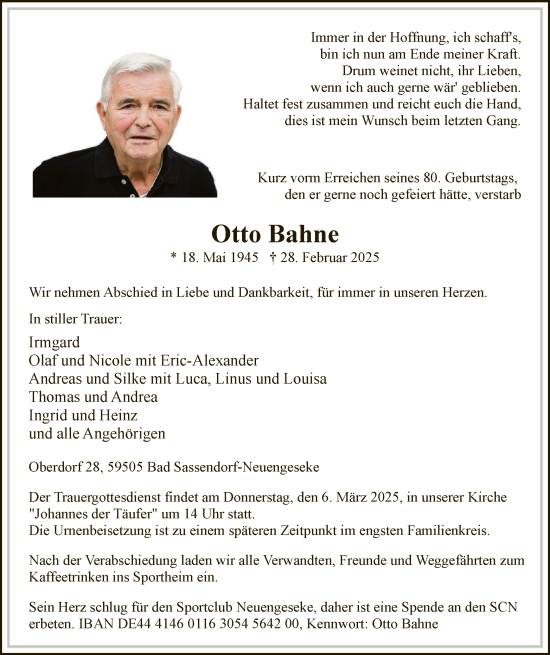 Todesanzeige von Otto Bahne von WA