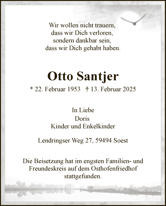 Todesanzeige von Otto Santjer von WA