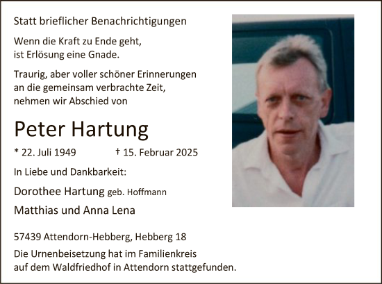 Todesanzeige von Peter Hartung von WA