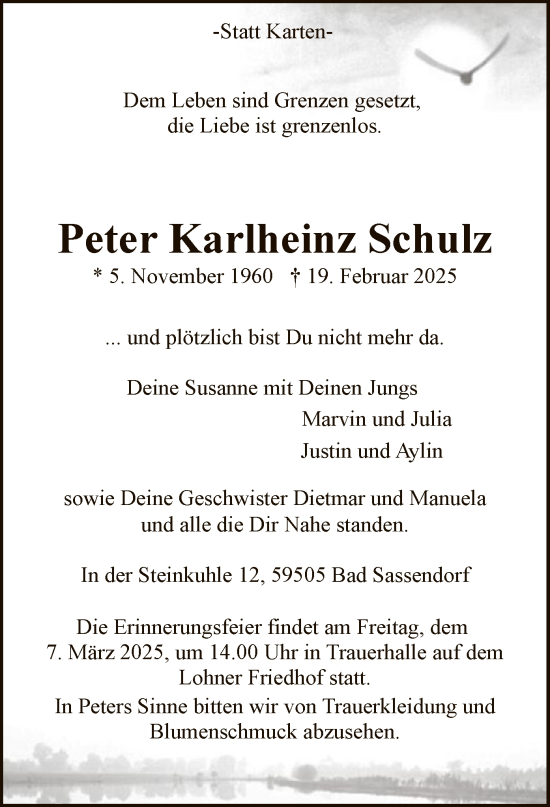 Todesanzeige von Peter Karlheinz Schulz von WA