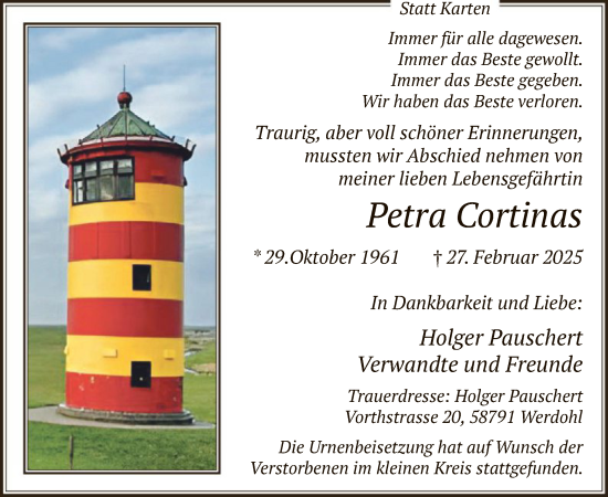 Todesanzeige von Petra Cortinas von WA