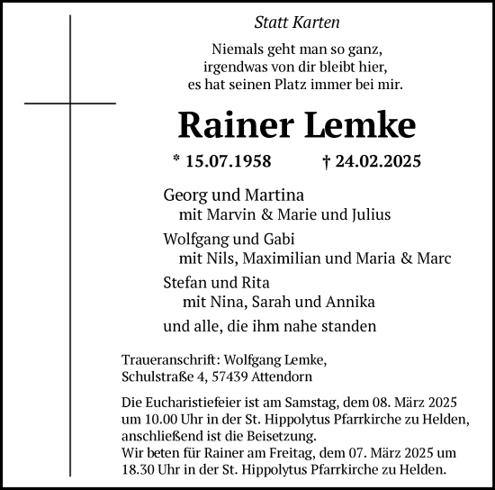 Todesanzeige von Rainer Lemke von WA