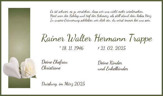Todesanzeige von Rainer Walter Hermann Trappe von WA