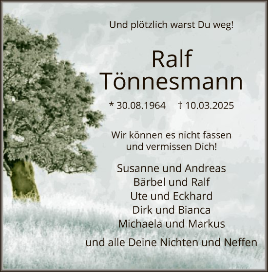 Todesanzeige von Ralf Tönnesmann von WA