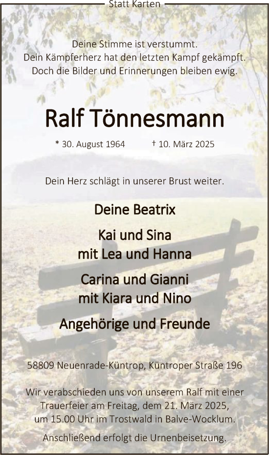 Todesanzeige von Ralf Tönnesmann von WA