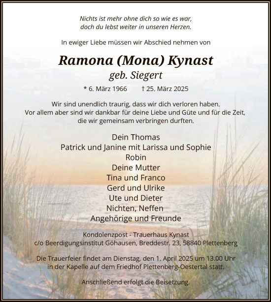 Todesanzeige von Ramona Kynast von WAWA