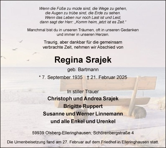 Todesanzeige von Regina Srajek von WA
