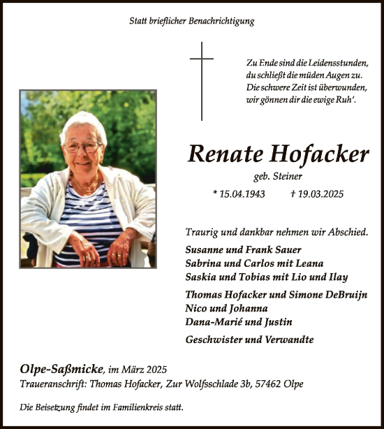 Todesanzeige von Renate Hofacker von WA