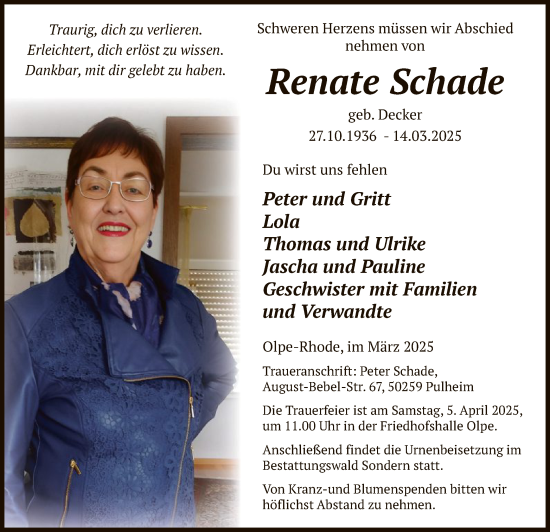 Todesanzeige von Renate Schade von WA