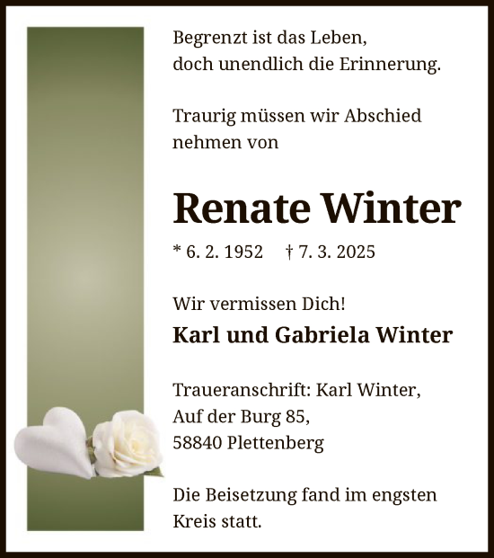 Todesanzeige von Renate Winter von WA