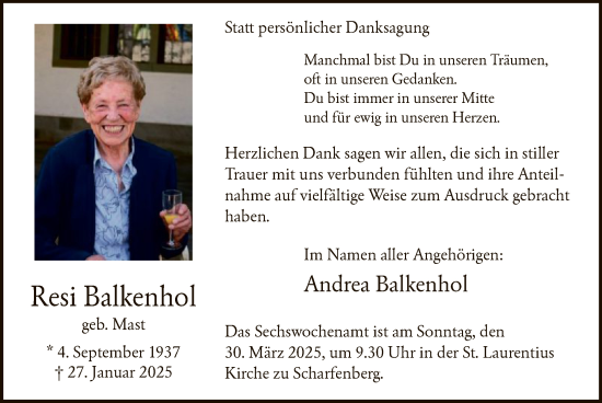 Todesanzeige von Resi Balkenhol von WA