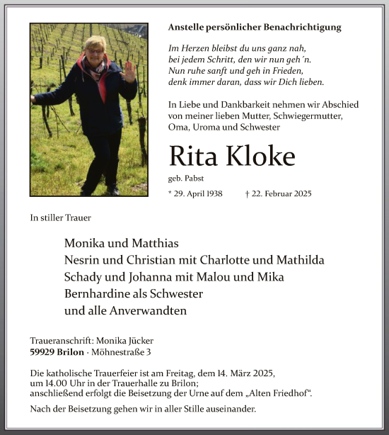 Todesanzeige von Rita Kloke von WA