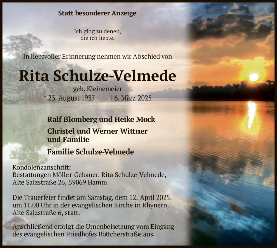 Todesanzeige von Rita Schulze-Velmede von WA