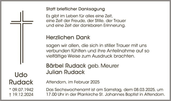 Todesanzeige von Rudack, Udo von WA