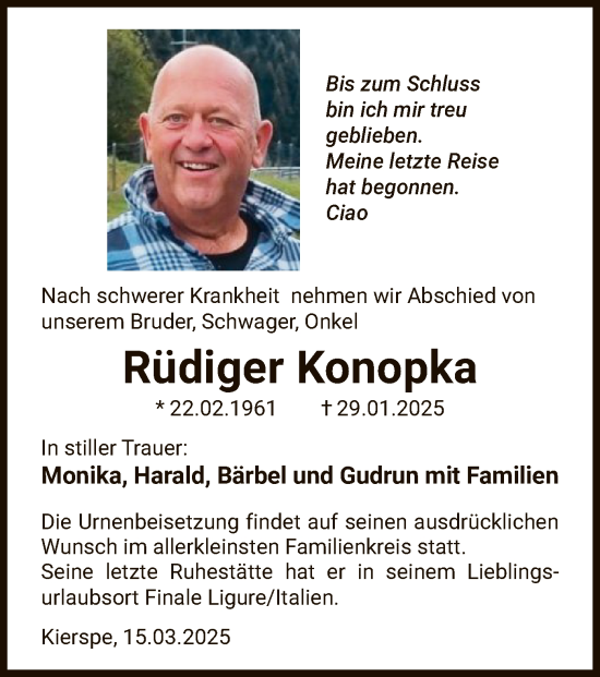 Todesanzeige von Rüdiger Konopka von WA