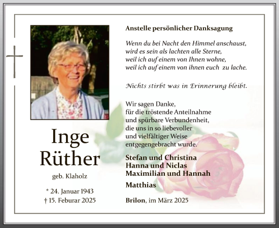 Todesanzeige von Rüther, Inge von WA