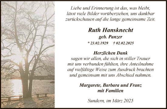 Todesanzeige von Ruth Hansknecht von WA