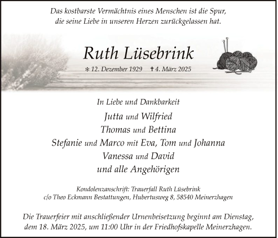 Todesanzeige von Ruth Lüsebrink von WA