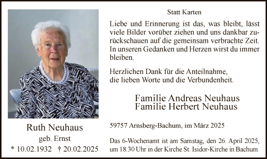 Todesanzeige von Ruth Neuhaus von WA