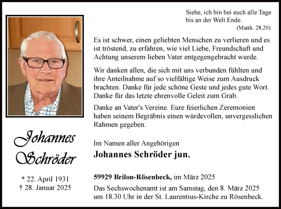 Todesanzeige von Schröder, Johannes von WA