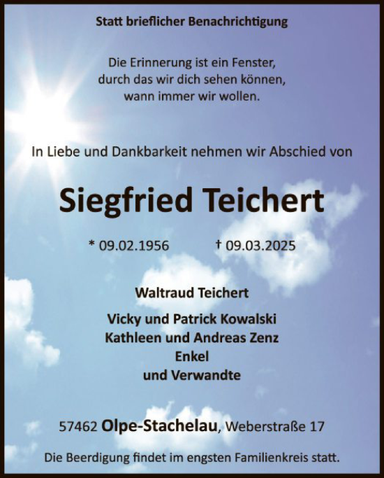 Todesanzeige von Siegfried Teichert von WA