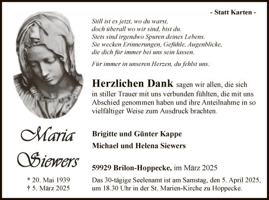 Todesanzeige von Siewers, Maria von WA