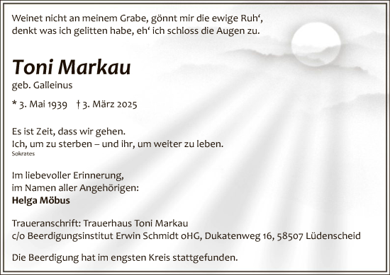 Todesanzeige von Toni Markau von WA