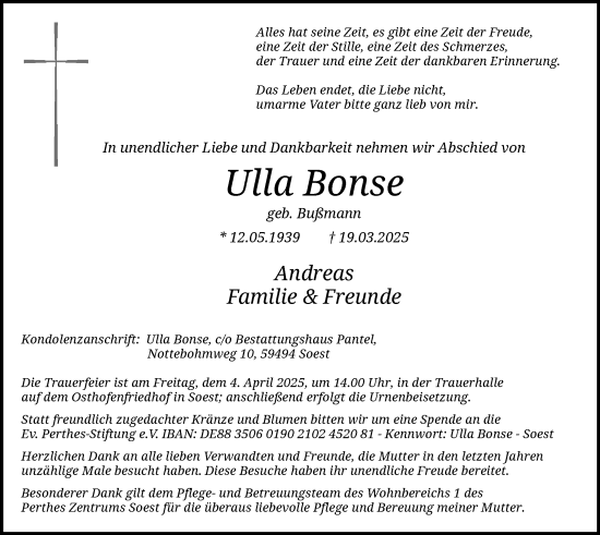 Todesanzeige von Ulla Bonse von WA