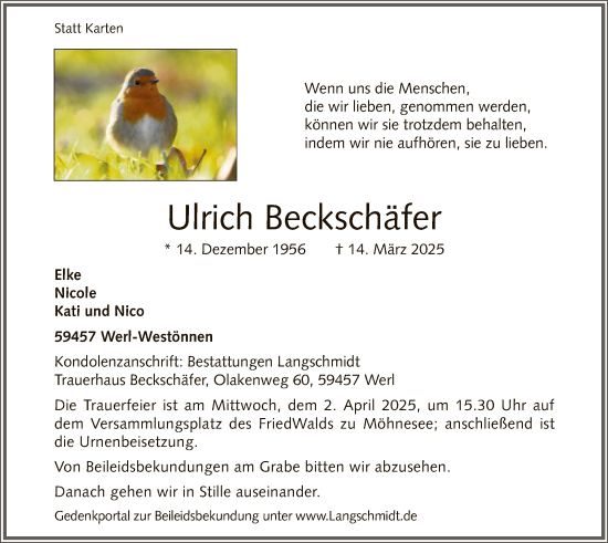 Todesanzeige von Ulrich Beckschäfer von WA