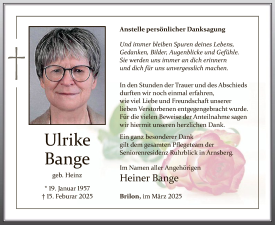 Todesanzeige von Ulrike Bange von WA