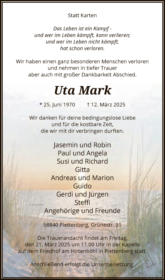 Todesanzeige von Uta Mark von WA