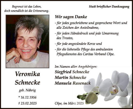 Todesanzeige von Veronika Schnecke von WA