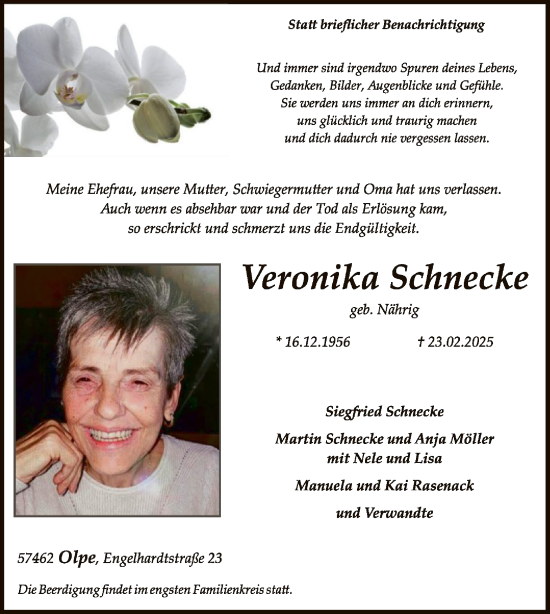 Todesanzeige von Veronika Schnecke von WA