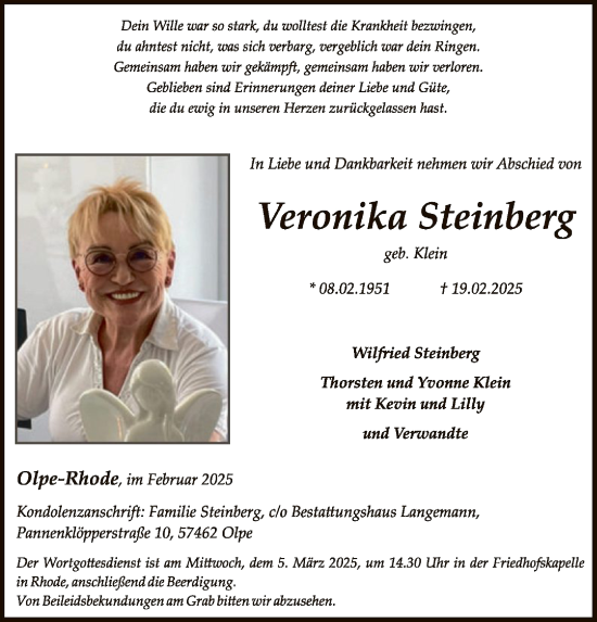 Todesanzeige von Veronika Steinberg von WA