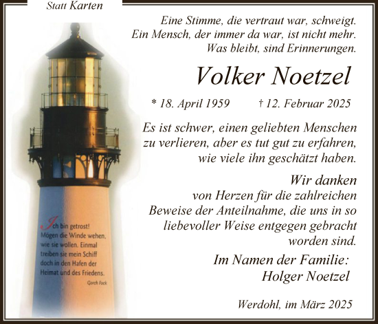 Todesanzeige von Volker Noetzel von WA