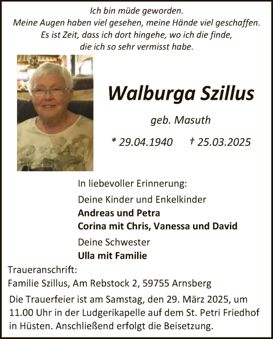 Todesanzeige von Walburga Szillus von WA