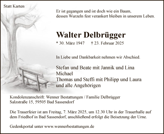 Todesanzeige von Walter Delbrügger von WA