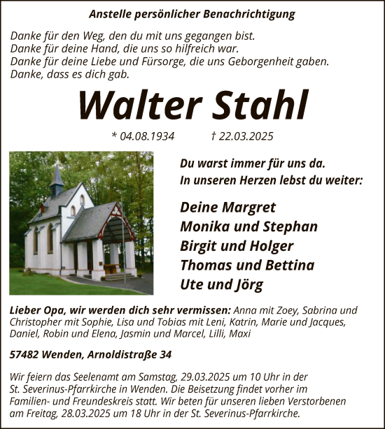 Todesanzeige von Walter Stahl von WA