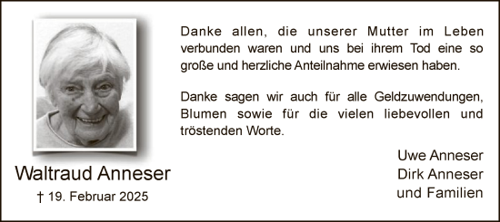 Todesanzeige von Waltraud Anneser von WA