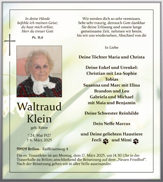 Todesanzeige von Waltraud Klein von WA