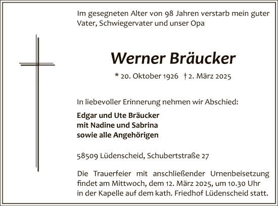 Todesanzeige von Werner Bräucker von WA