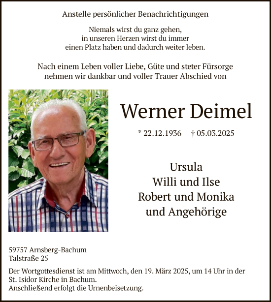 Todesanzeige von Werner Deimel von WA