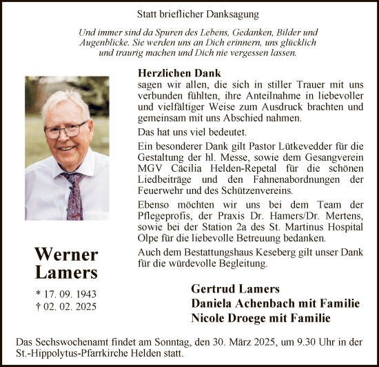 Todesanzeige von Werner Lamers von WA