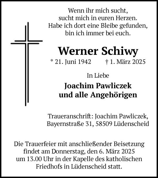 Todesanzeige von Werner Schiwy von WA