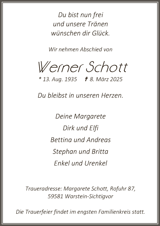 Todesanzeige von Werner Schott von WA