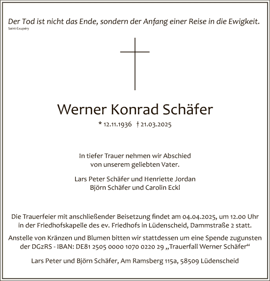 Todesanzeige von Werner Konrad Schäfer von WA