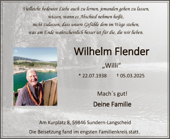Todesanzeige von Wilhelm Flender von WA