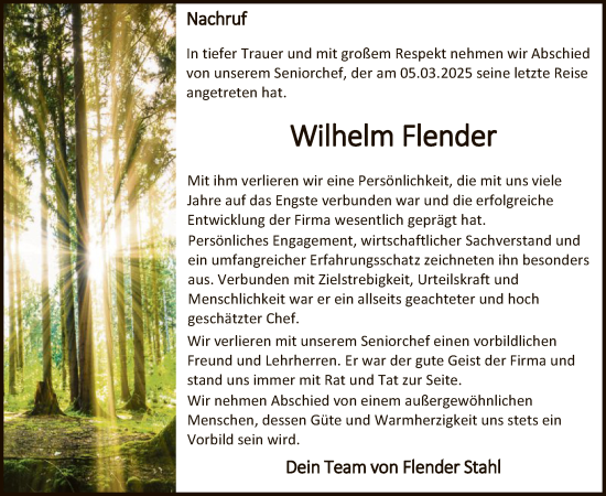 Todesanzeige von Wilhelm Flender von WA